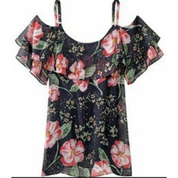 CAbi #5220 Top Fairy Tale Floral Pink Navy Blue XS Cold Shoulder Camisole - Picture 2 of 7